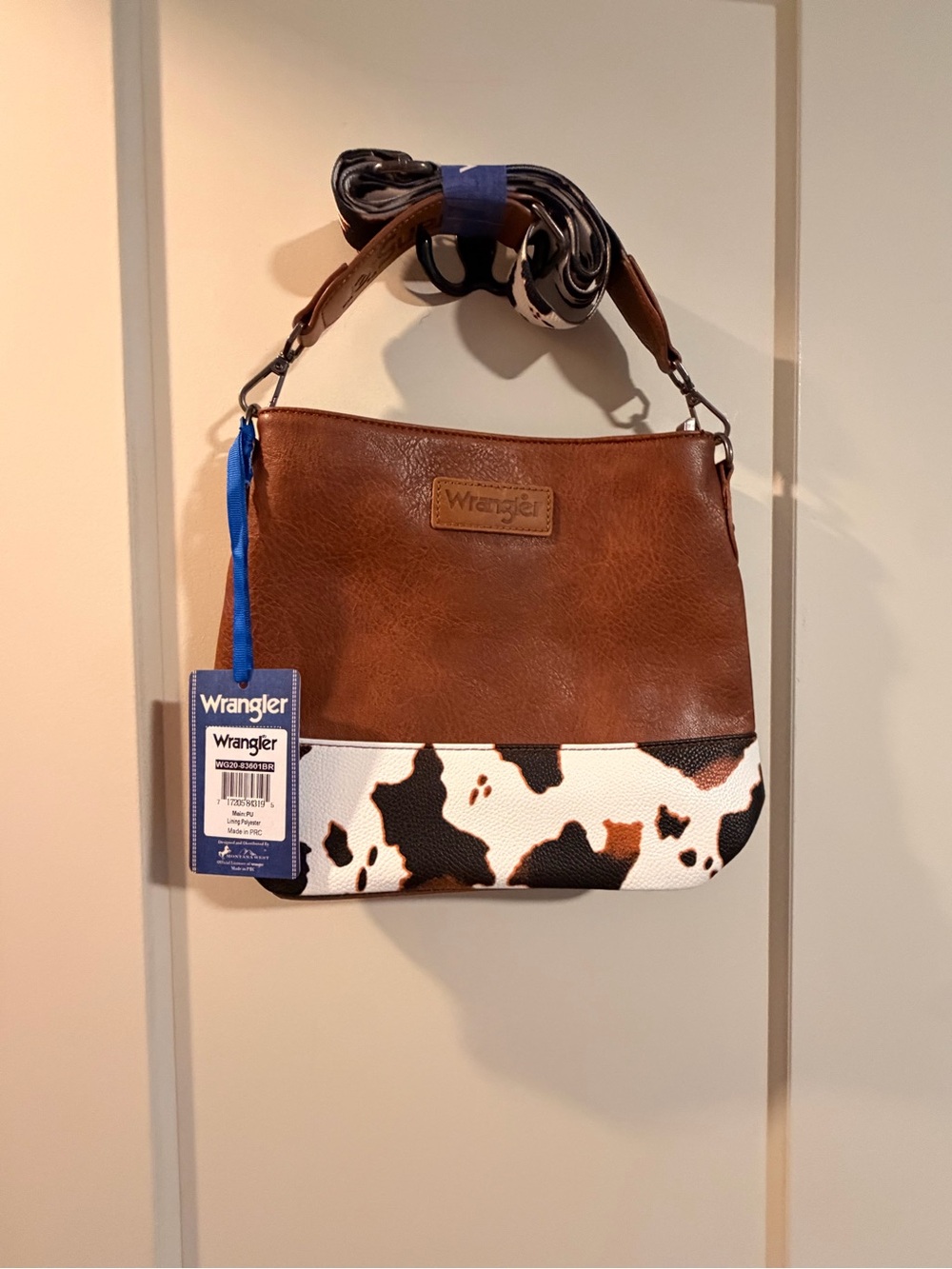 Wrangler Brown Shoulder Bag with Black and White Cow Print Panel